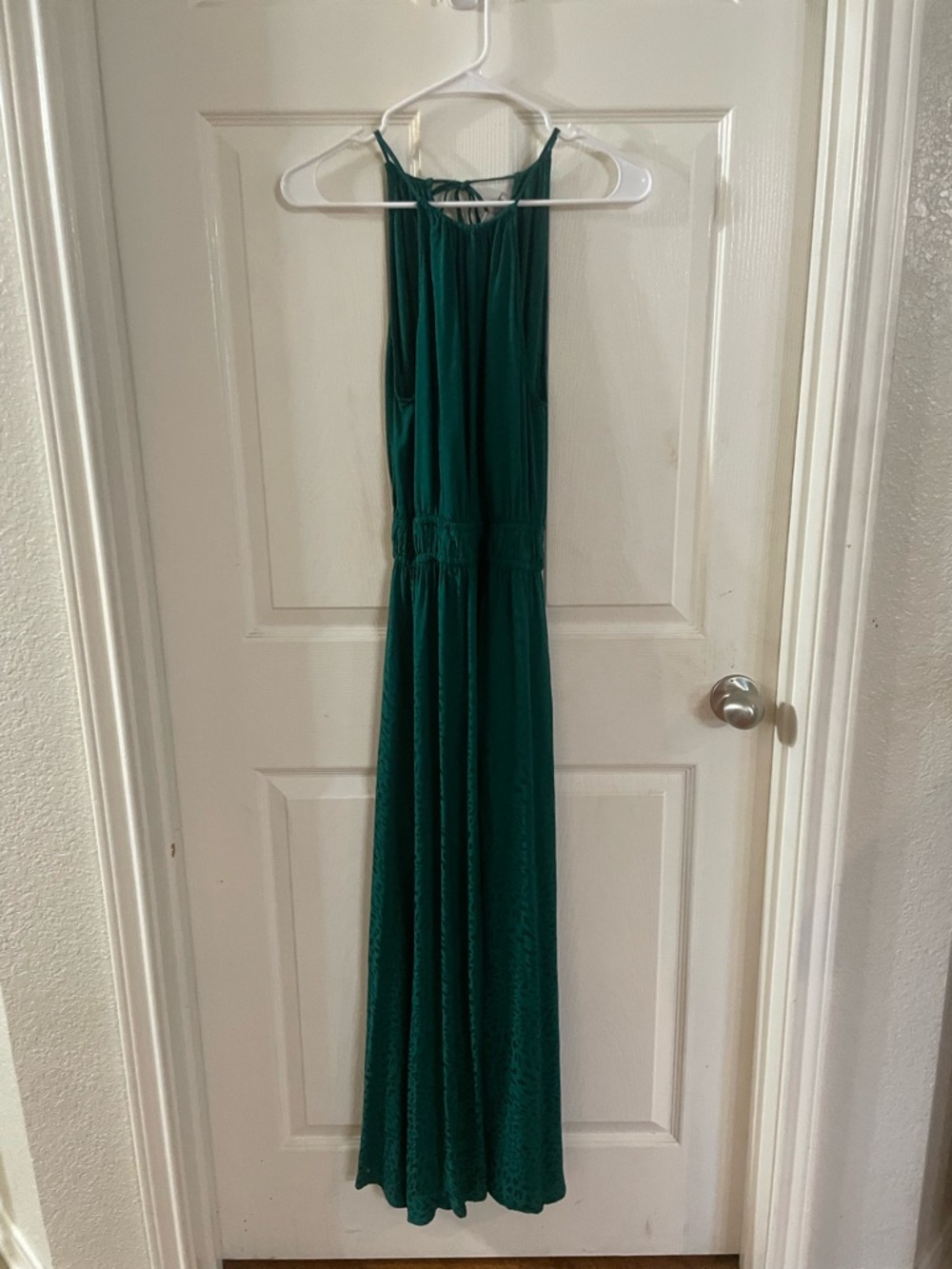 LOFT Deep Emerald Green Maxi Dress with Halter Tie and Cheetah Print Details